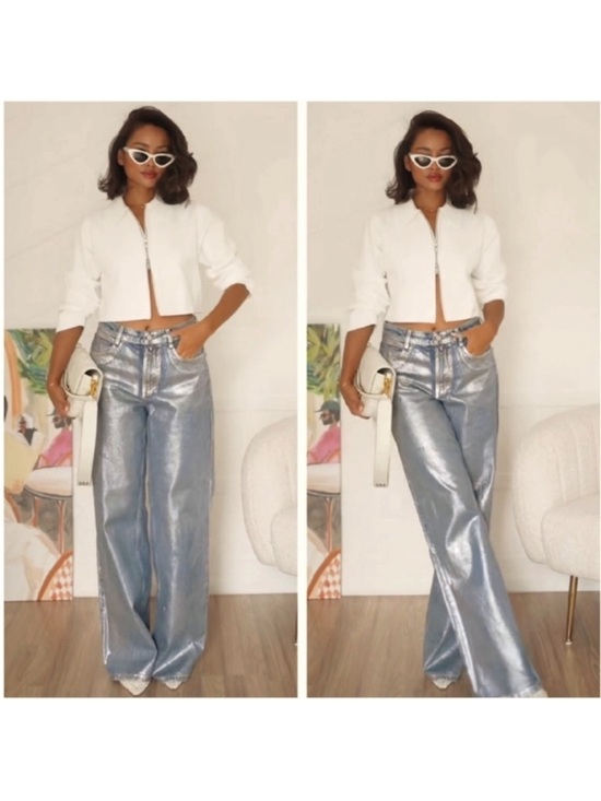 Zara Denim - NEW! Blogger’s Favorite Zara Boho Metallic Wide Leg Jeans in Light Silver. 4.